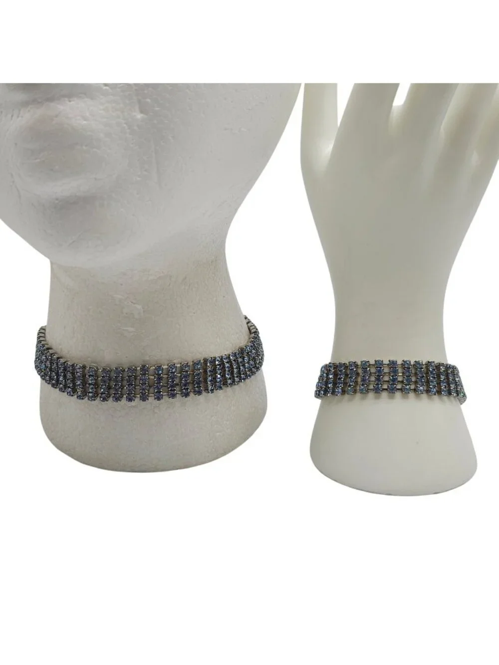 Vintage Rhinestone Choker Bracelet Set Ice Blue Stones Adjustable Sparkly Glam